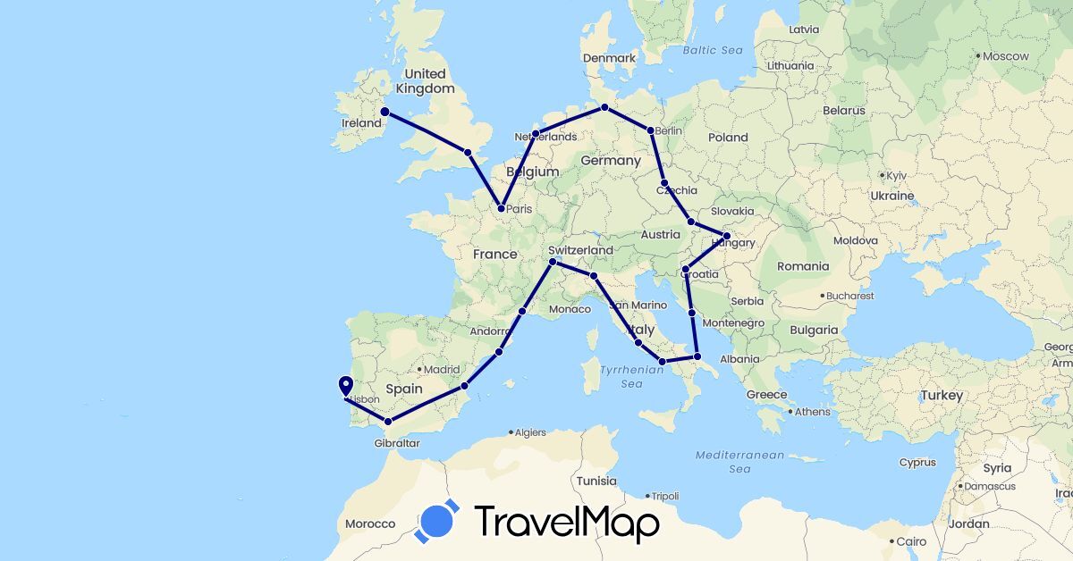 TravelMap itinerary: driving in Austria, Switzerland, Czech Republic, Germany, Spain, France, United Kingdom, Croatia, Hungary, Ireland, Italy, Netherlands, Portugal (Europe)